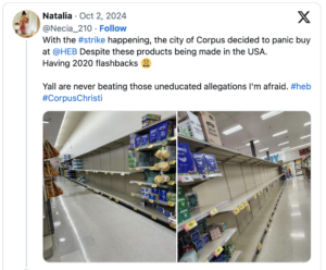 Screen shot of a Twitter X post showing HEB shelves emptied of toilet paper.