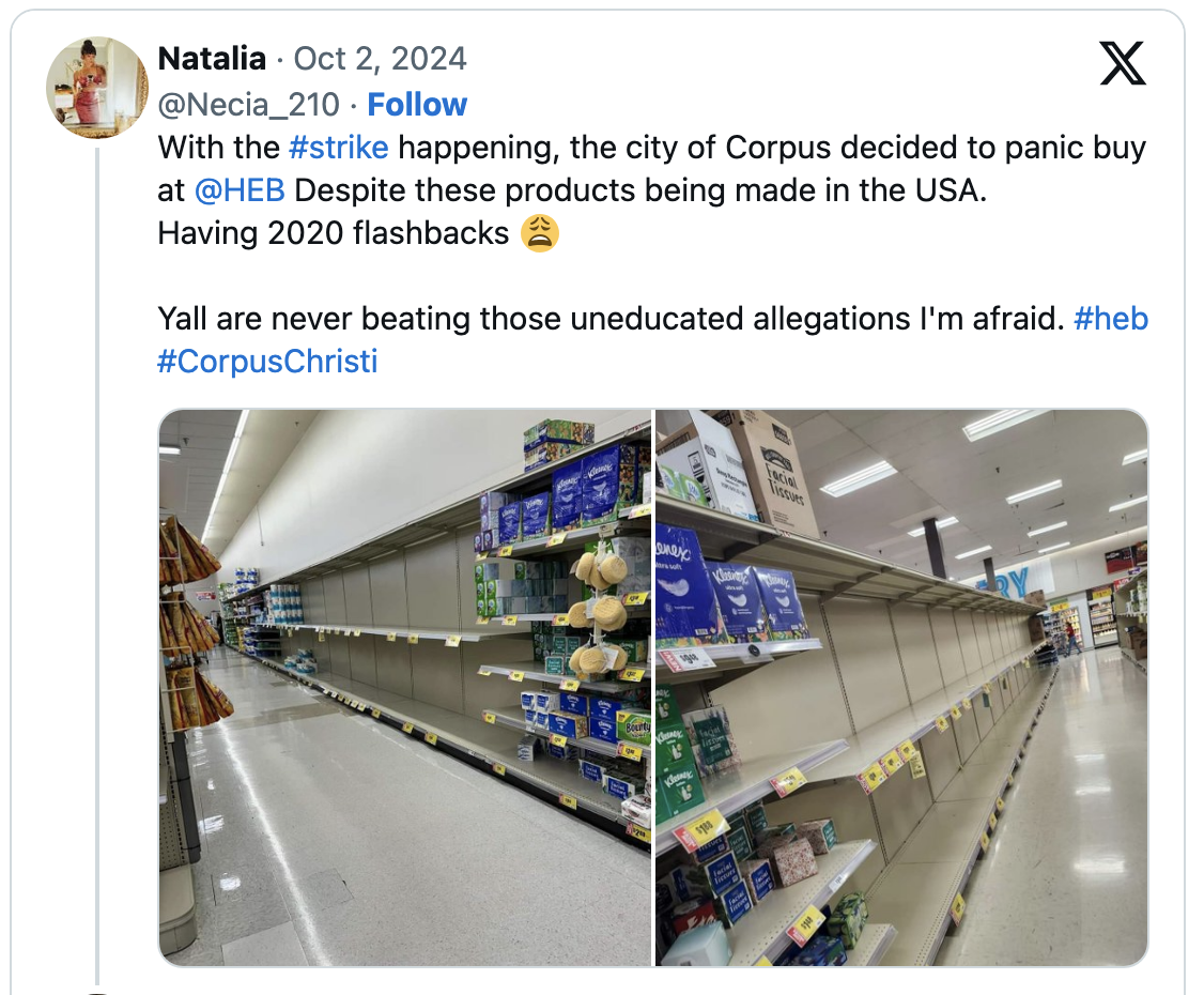 Screen shot of a Twitter X post showing HEB shelves emptied of toilet paper.